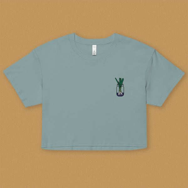 Green Onion Embroidered Crop T-Shirt