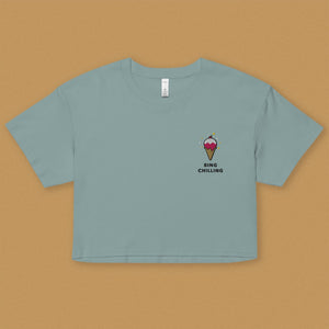 Bing Chilling Embroidered Crop T-Shirt - Ni De Mama Chinese - Inspired Clothing | Teal , XS