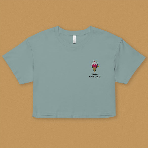 Bing Chilling Embroidered Crop T-Shirt - Ni De Mama Chinese - Inspired Clothing | Teal , XS