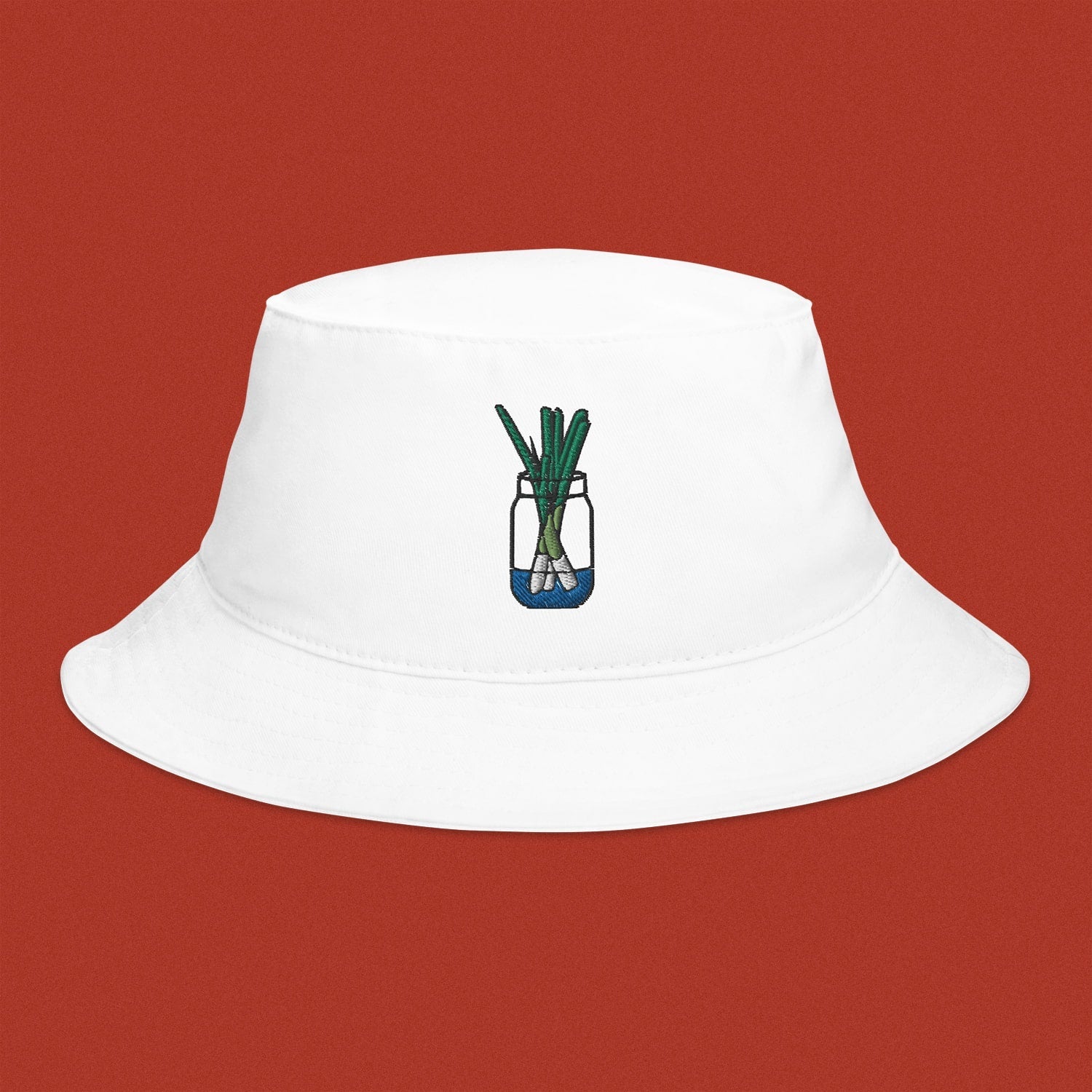 Green Onion Embroidered Bucket Hat - Ni De Mama Chinese - Inspired Clothing | White ,