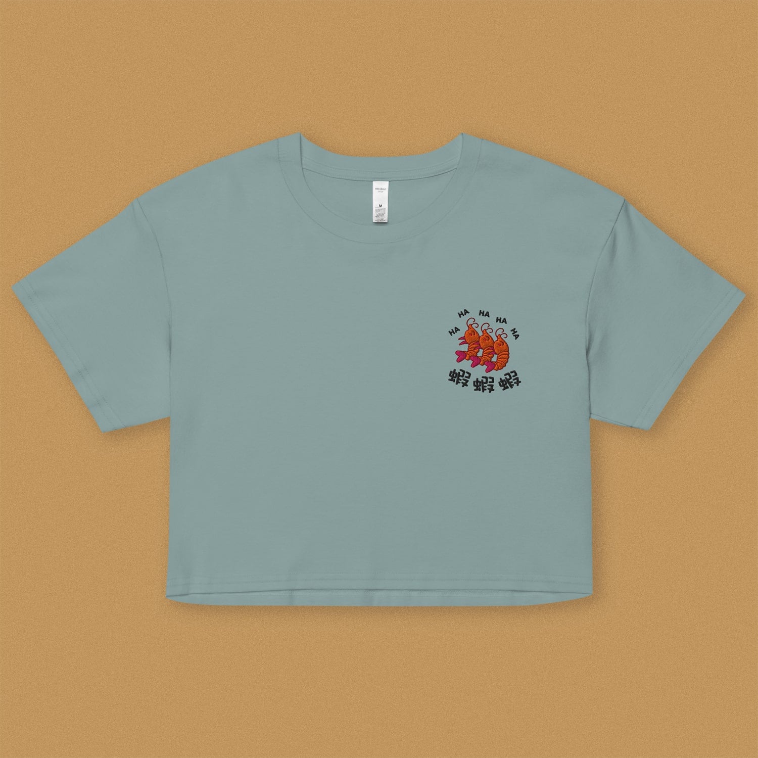 Ha Ha Ha (Shrimp) Embroidered Crop T-Shirt - Ni De Mama Chinese - Inspired Clothing | Teal , XS