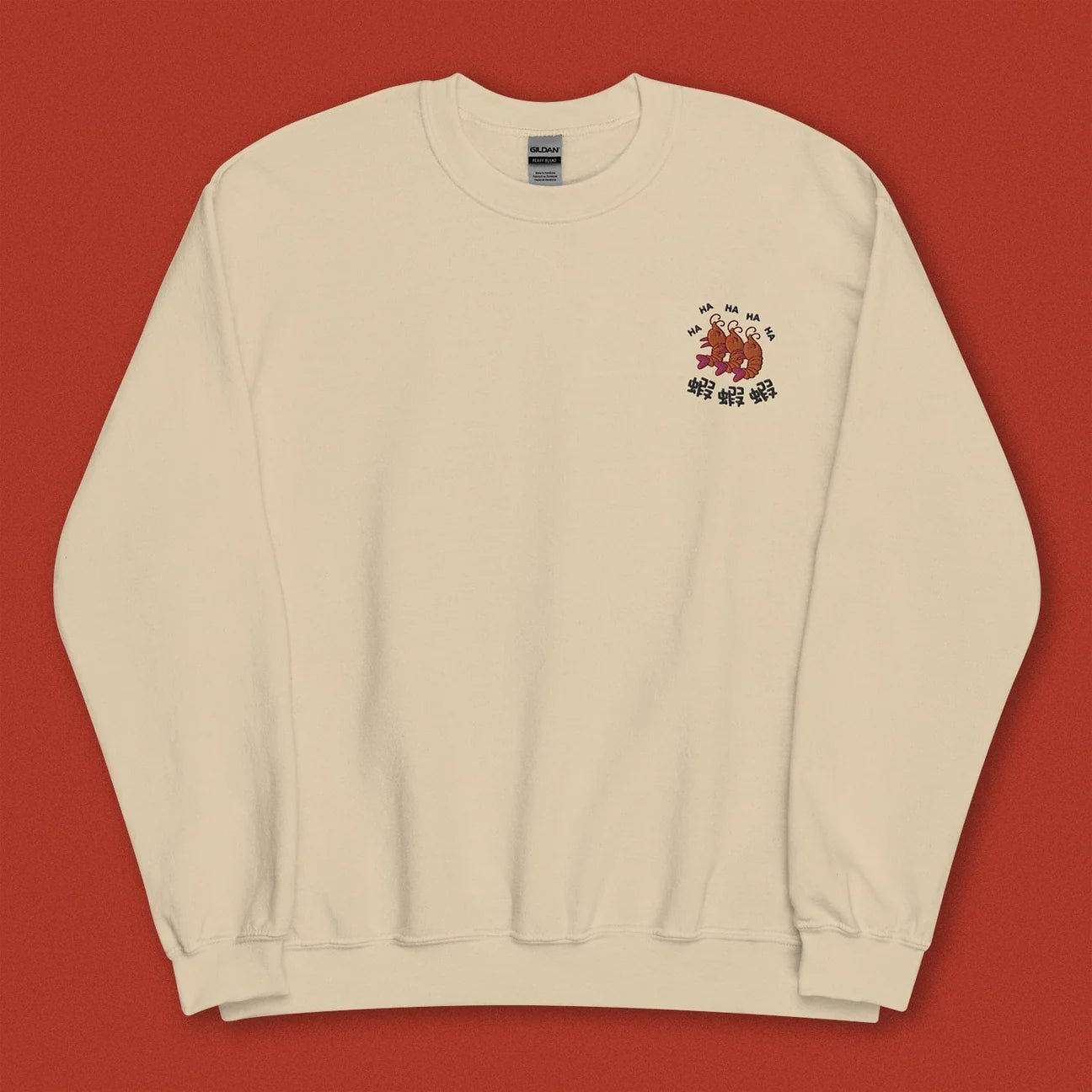 Ha Ha Ha (Shrimp) Embroidered Sweatshirt / Overstock (Final Sale) - Ni De Mama Chinese - Inspired Clothing | Soft Cream , XL