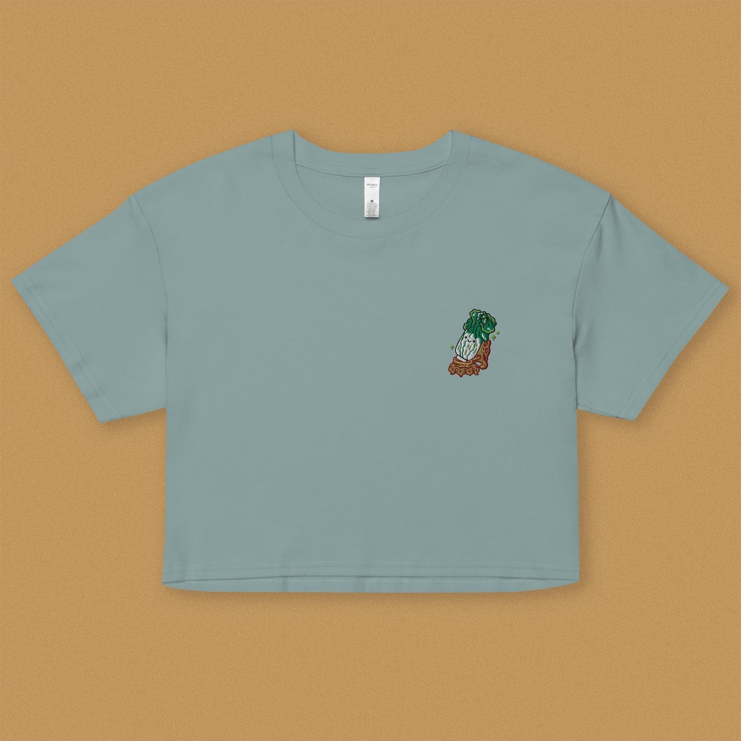 Jadeite Cabbage (Bok Choy) Embroidered Crop T-Shirt - Ni De Mama Chinese - Inspired Clothing | Teal , XS