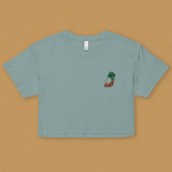 Jadeite Cabbage (Bok Choy) Embroidered Crop T-Shirt - Ni De Mama Chinese - Inspired Clothing | Teal , XS