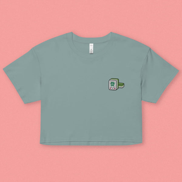 Mahjong 發 Embroidered Crop T-Shirt - Ni De Mama Chinese - Inspired Clothing | Teal , XS