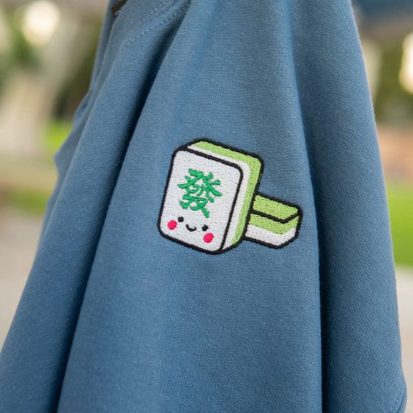 Mahjong 發 Embroidered Hoodie - Ni De Mama Chinese - Inspired Clothing | Navy Blue , S