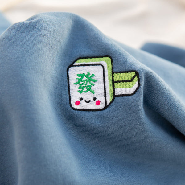 Mahjong 發 Embroidered Sweatshirt - Ni De Mama Chinese - Inspired Clothing | Steel Blue , S