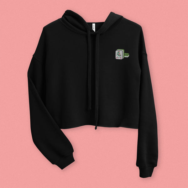 Mahjong 一索 (One Bamboo) Embroidered Crop Hoodie - Ni De Mama Chinese-Inspired Clothing | Black , S
