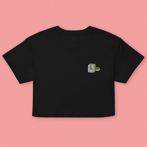 Mahjong 一索 (One Bamboo) Embroidered Crop T-Shirt - Ni De Mama Chinese-Inspired Clothing | Black , XS