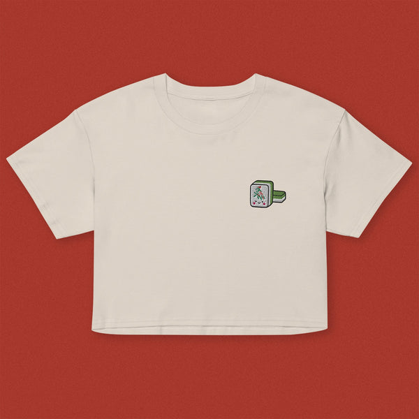 Mahjong 一索 (One Bamboo) Embroidered Crop T-Shirt - Ni De Mama Chinese-Inspired Clothing | Cream , XS