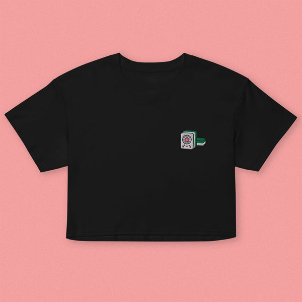 Mahjong 一筒 (One Dot) Embroidered Crop T-Shirt - Ni De Mama Chinese-Inspired Clothing | Black , XS