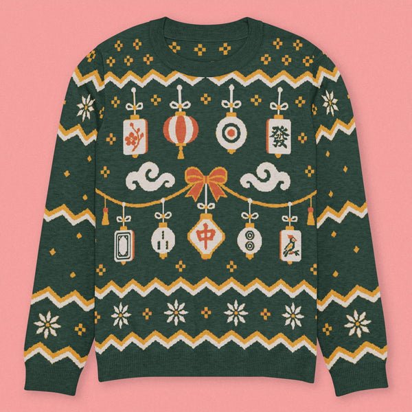 Mahjong Ornament Knit Sweater - Ni De Mama Chinese-Inspired Clothing | Forest Green , XS
