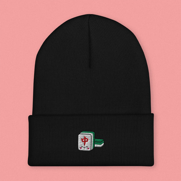 Mahjong 紅中 (Red Dragon) Embroidered Beanie - Ni De Mama Chinese-Inspired Clothing | Black ,