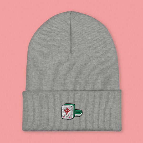Mahjong 紅中 (Red Dragon) Embroidered Beanie - Ni De Mama Chinese-Inspired Clothing | Heather Grey ,