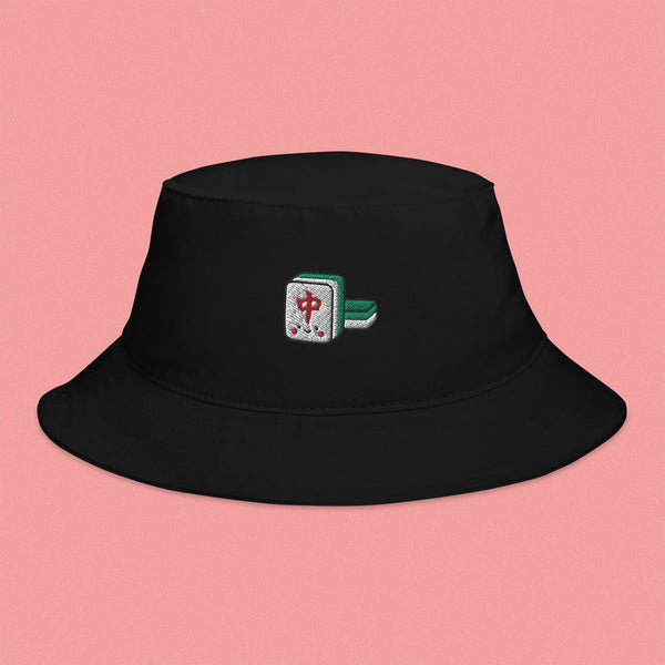 Mahjong 紅中 (Red Dragon) Embroidered Bucket Hat - Ni De Mama Chinese-Inspired Clothing | Black ,