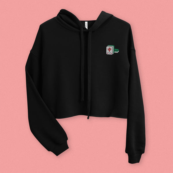 Mahjong 紅中 (Red Dragon) Embroidered Crop Hoodie - Ni De Mama Chinese-Inspired Clothing | Black , S