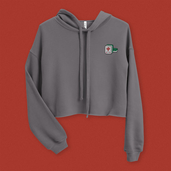 Mahjong 紅中 (Red Dragon) Embroidered Crop Hoodie - Ni De Mama Chinese-Inspired Clothing | Pewter Grey , S