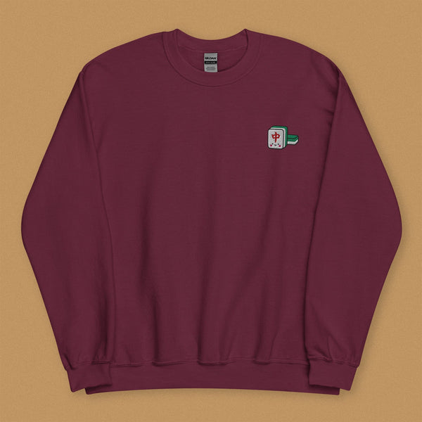 Mahjong 紅中 (Red Dragon) Embroidered Sweatshirt - Ni De Mama Chinese-Inspired Clothing | Maroon , S