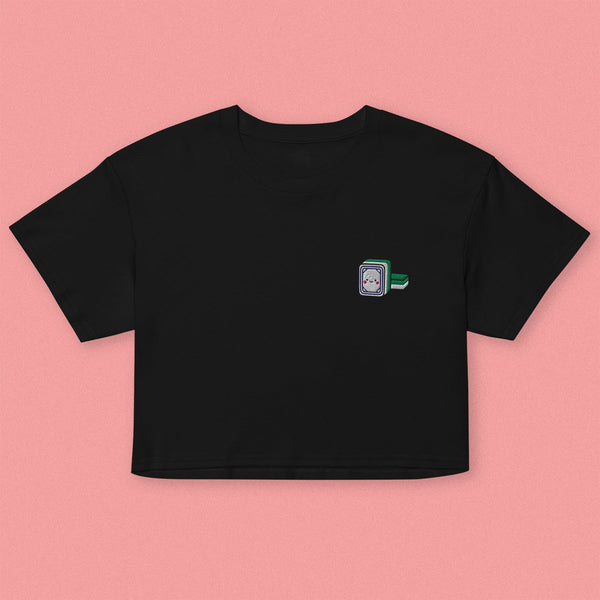 Mahjong 白板 (White Dragon) Embroidered Crop T-Shirt - Ni De Mama Chinese-Inspired Clothing | Black , XS