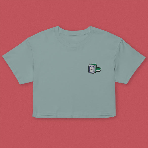 Mahjong 白板 (White Dragon) Embroidered Crop T-Shirt - Ni De Mama Chinese-Inspired Clothing | Teal , XS