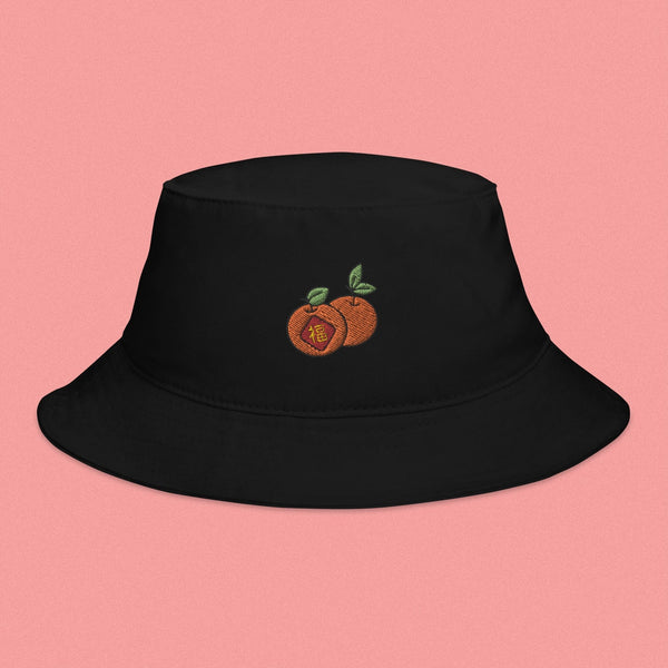 Mandarin Orange Embroidered Bucket Hat - Ni De Mama Chinese - Inspired Clothing | Black ,