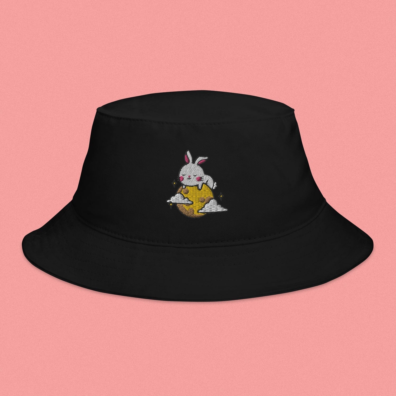 Moon Rabbit Embroidered Bucket Hat - Ni De Mama Chinese - Inspired Clothing | Black ,