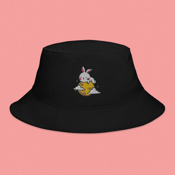 Moon Rabbit Embroidered Bucket Hat - Ni De Mama Chinese - Inspired Clothing | Black ,