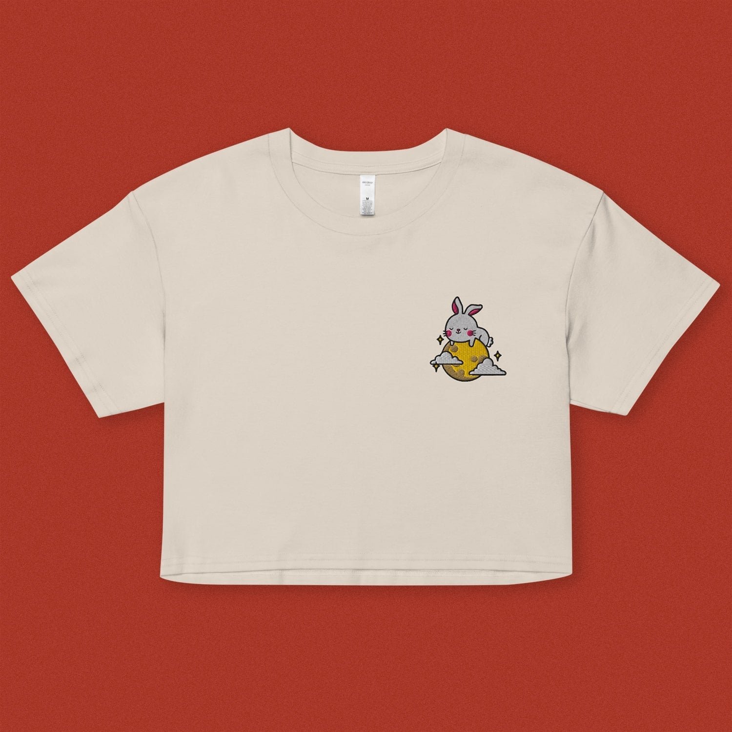 Moon Rabbit Embroidered Crop T-Shirt - Ni De Mama Chinese - Inspired Clothing | Cream , XS