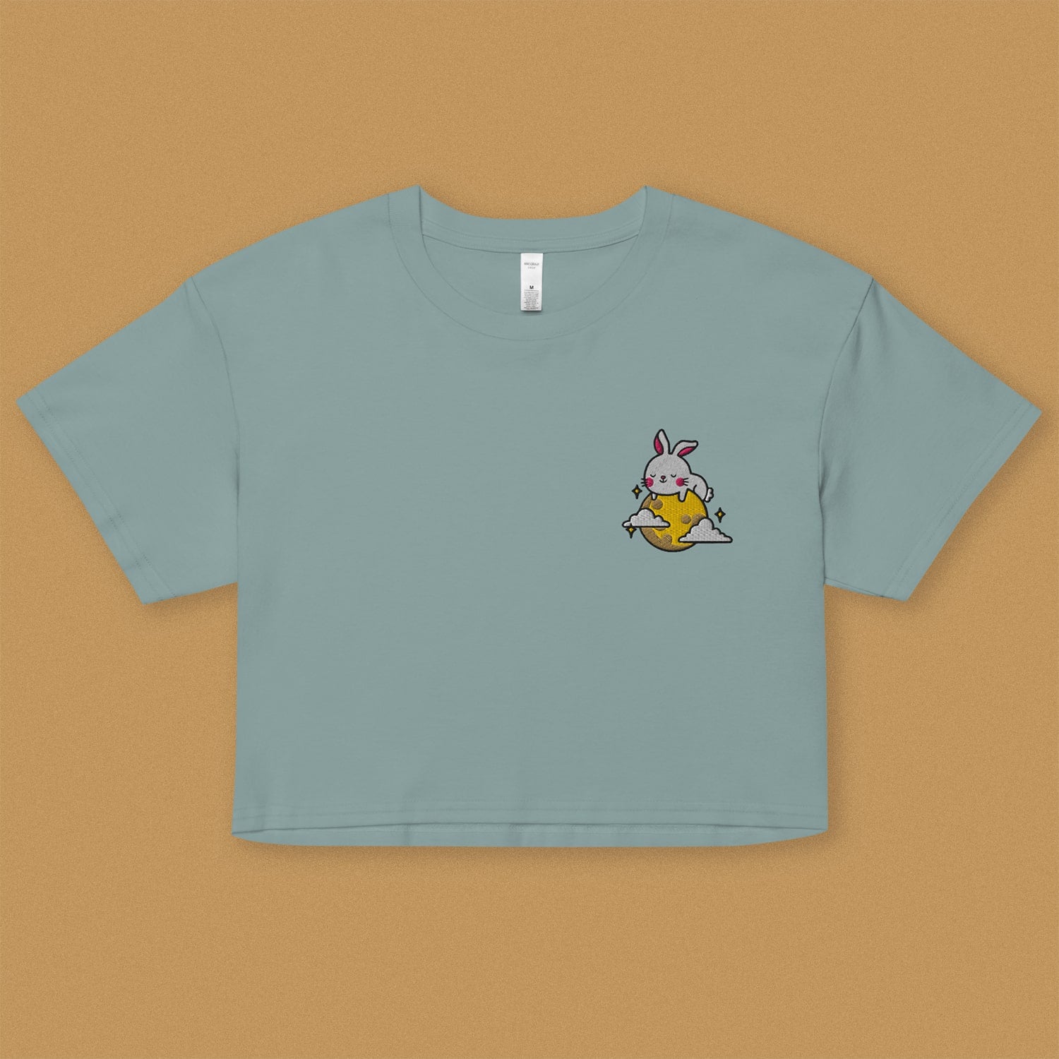 Moon Rabbit Embroidered Crop T-Shirt - Ni De Mama Chinese - Inspired Clothing | Teal , XS