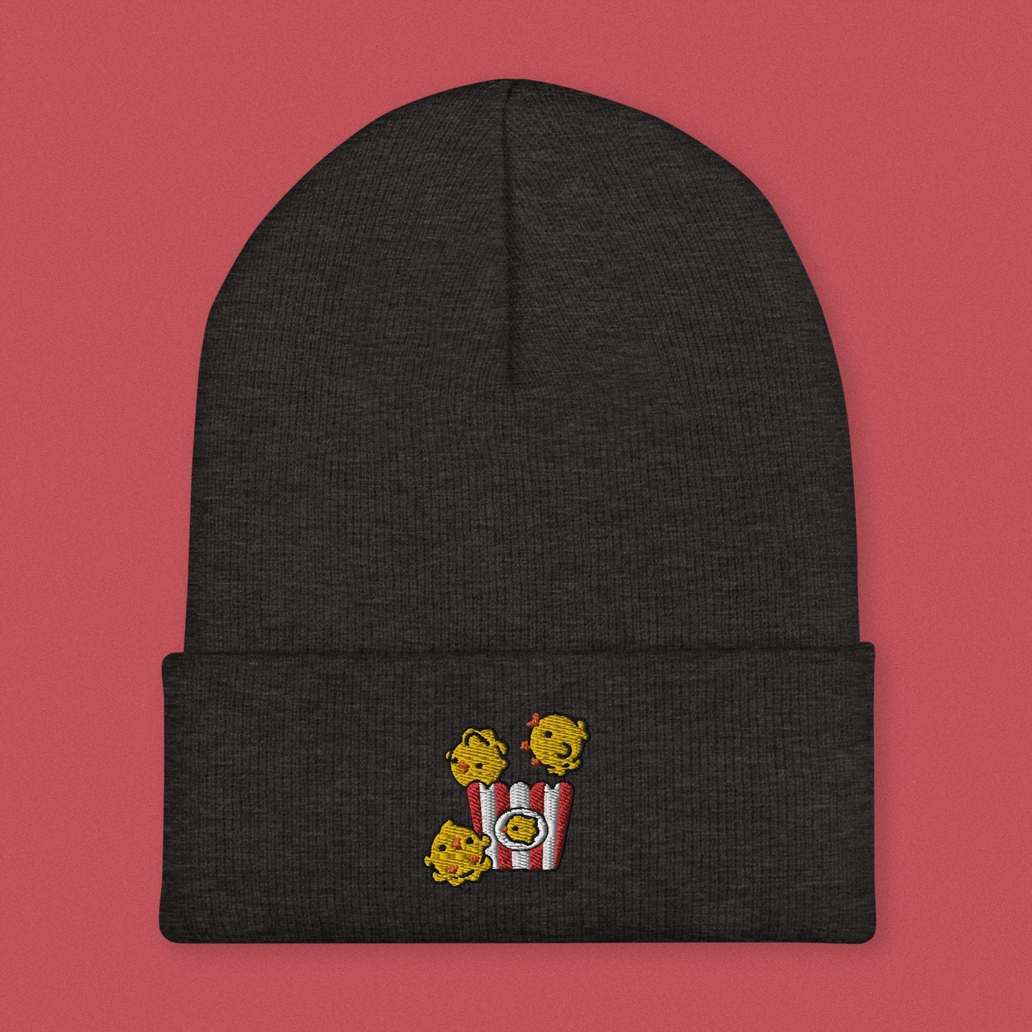 Popcorn Chicken Embroidered Beanie - Ni De Mama Chinese - Inspired Clothing | Heather Charcoal ,