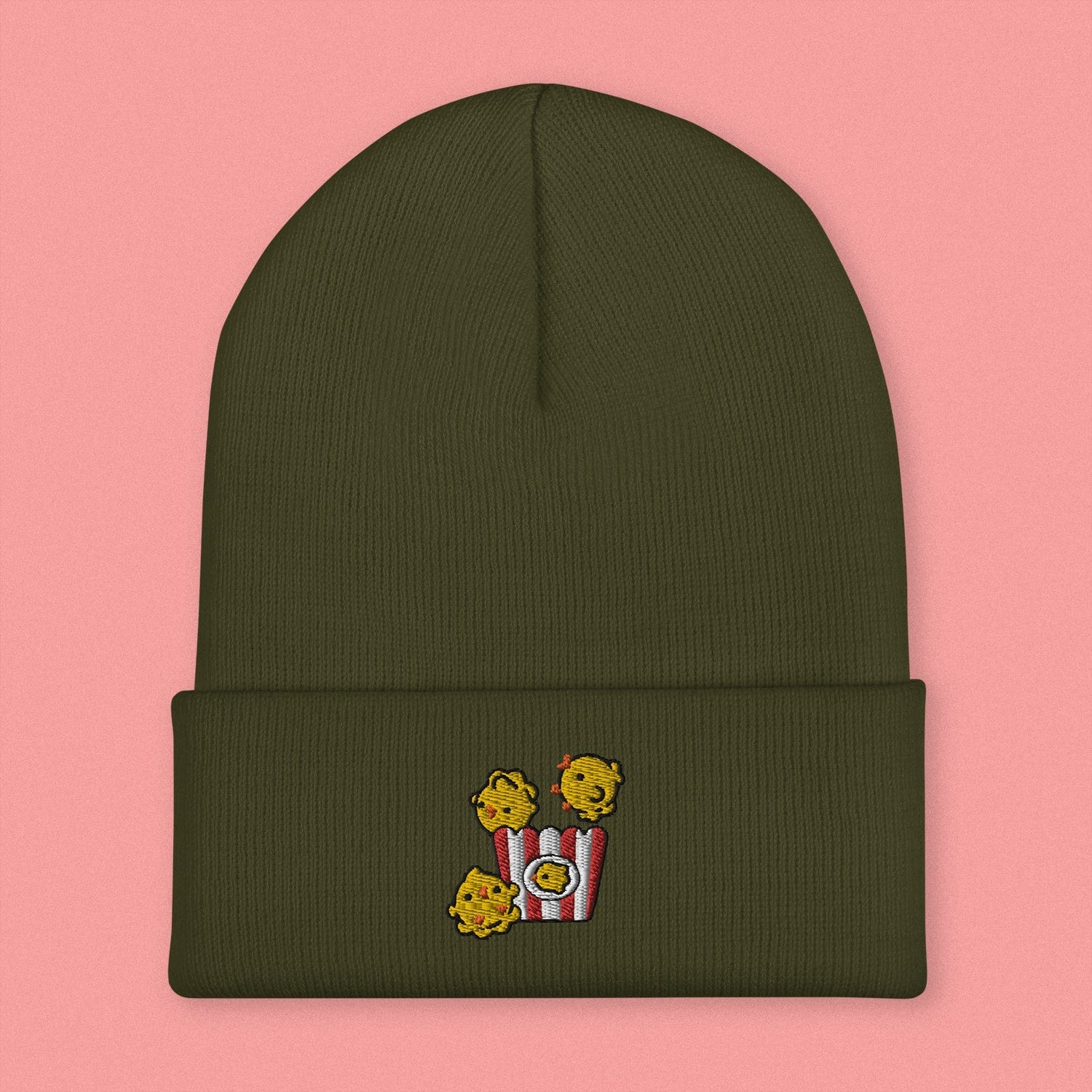 Popcorn Chicken Embroidered Beanie - Ni De Mama Chinese - Inspired Clothing | Olive Green ,