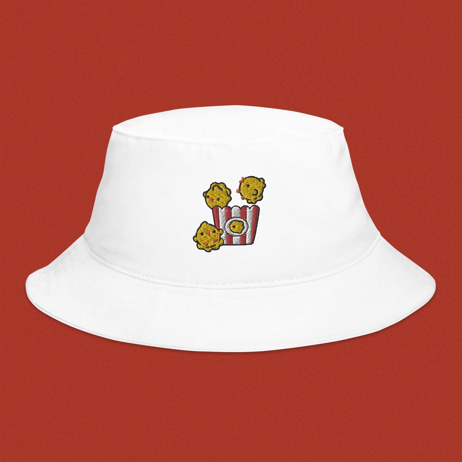 Popcorn Chicken Embroidered Bucket Hat - Ni De Mama Chinese - Inspired Clothing | White ,