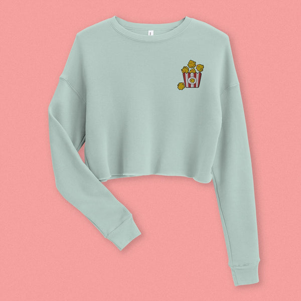 Popcorn Chicken Embroidered Crop Sweatshirt - Ni De Mama Chinese - Inspired Clothing | Soft Teal , S