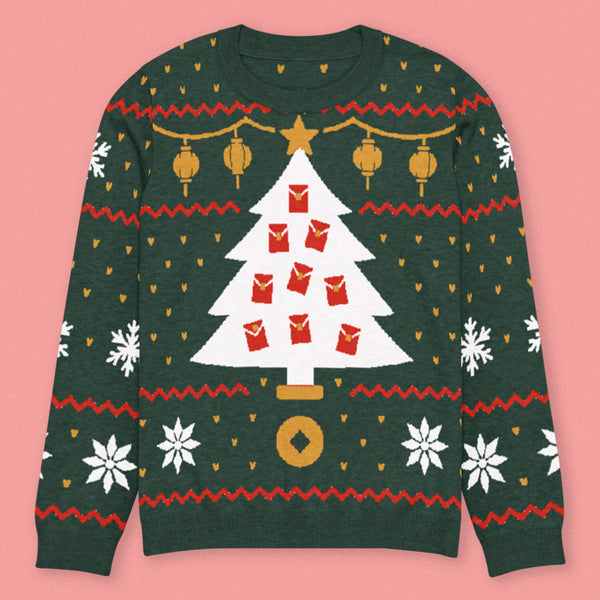 Red Envelope Christmas Tree Knit Sweater - Ni De Mama Chinese - Inspired Clothing | Forest Green , 3XS
