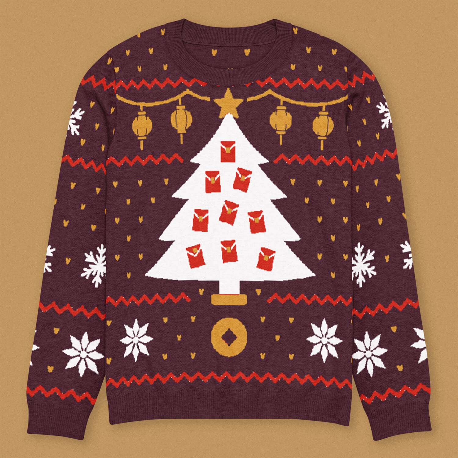 Red Envelope Christmas Tree Knit Sweater - Ni De Mama Chinese - Inspired Clothing | Maroon , 3XS