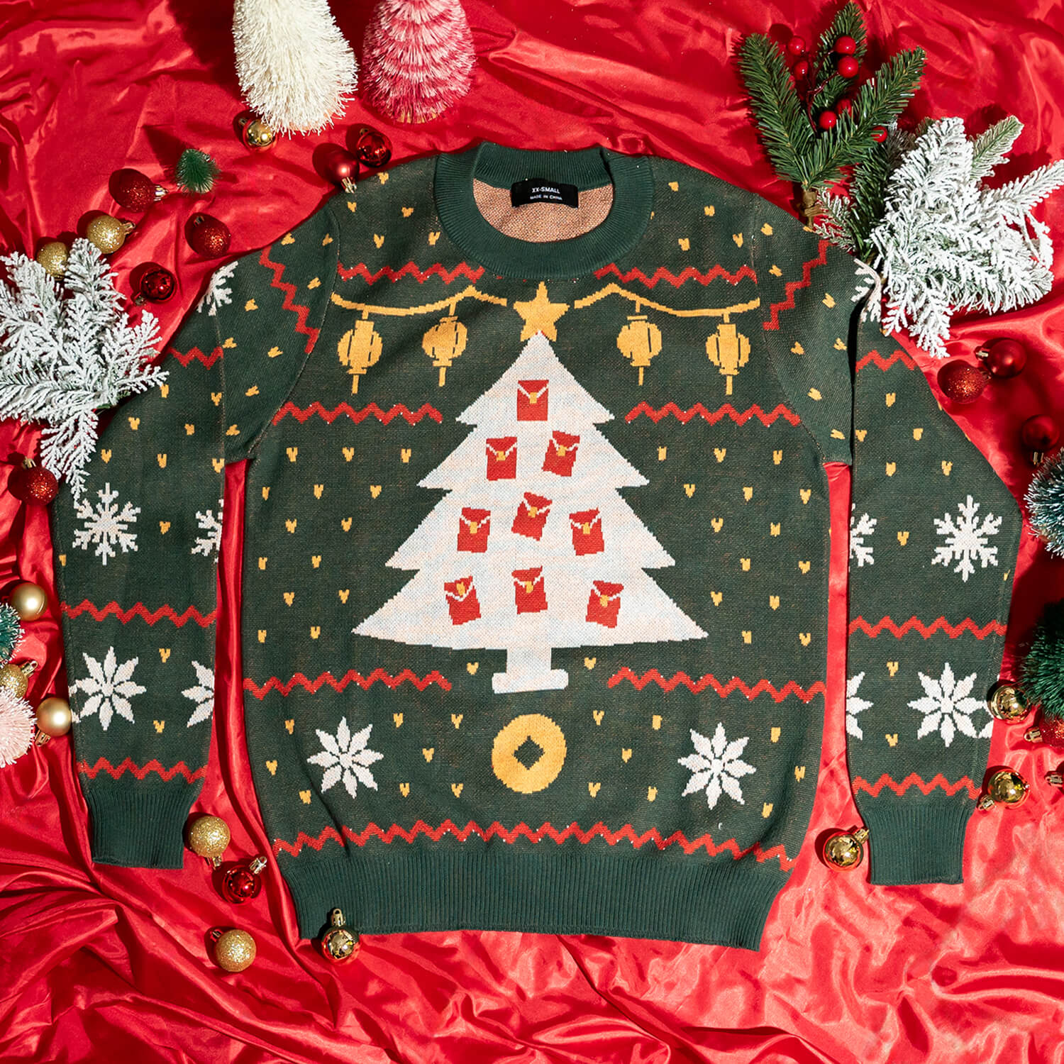 Red Envelope Christmas Tree Knit Sweater - Ni De Mama Chinese - Inspired Clothing | Soft Pink , 3XS