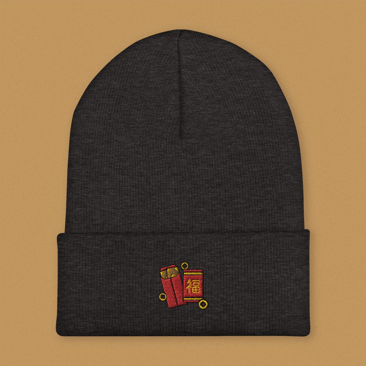 Red Envelope Embroidered Beanie - Ni De Mama Chinese - Inspired Clothing | Heather Charcoal ,