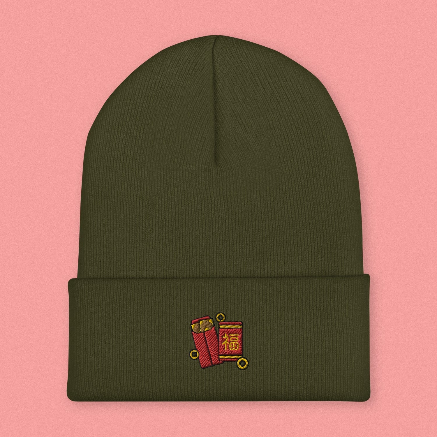 Red Envelope Embroidered Beanie - Ni De Mama Chinese - Inspired Clothing | Olive Green ,