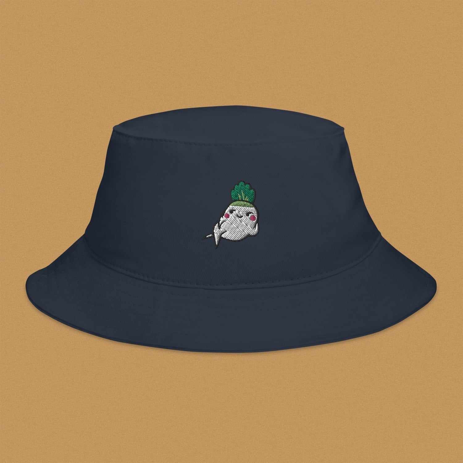 Seductive Daikon Radish Embroidered Bucket Hat - Ni De Mama Chinese - Inspired Clothing | Navy Blue ,