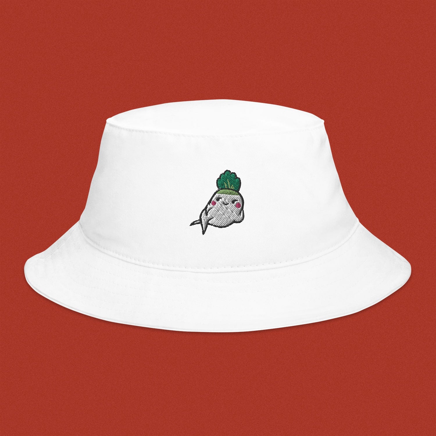 Seductive Daikon Radish Embroidered Bucket Hat - Ni De Mama Chinese - Inspired Clothing | White ,