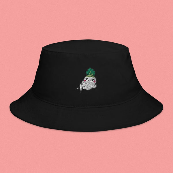 Seductive Daikon Radish Embroidered Bucket Hat - Ni De Mama Chinese - Inspired Clothing | Black ,