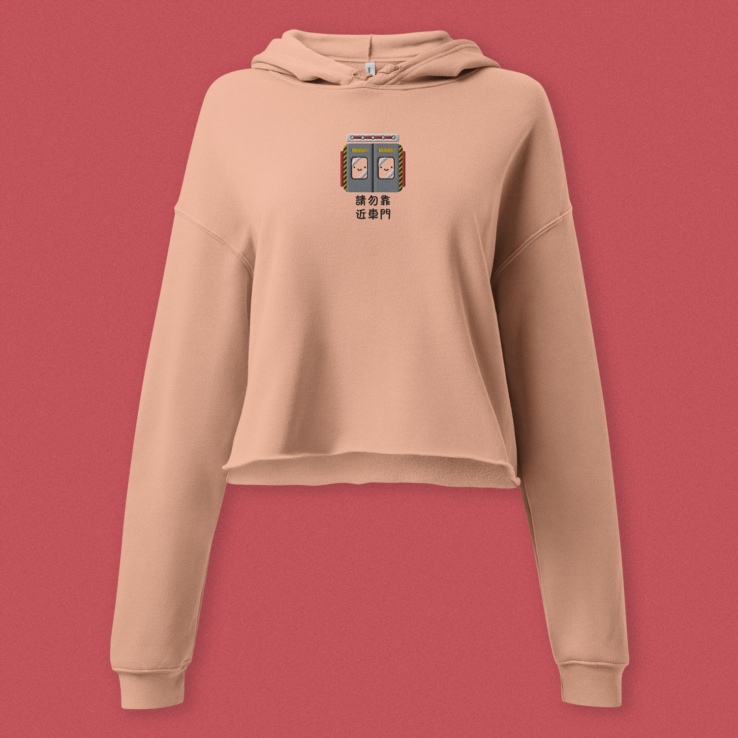 Stand Back From the Train Doors Embroidered Crop Hoodie - Ni De Mama Chinese - Inspired Clothing | Soft Peach , S