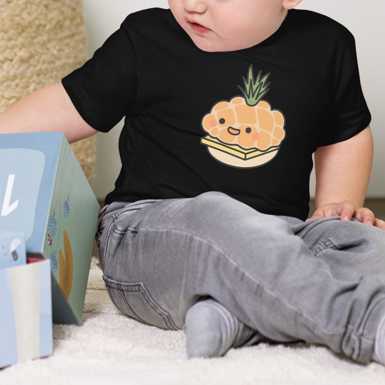 Tropical Pineapple Bun Baby T-Shirt - Ni De Mama Chinese - Inspired Clothing | Heather Blue , 6 - 12m