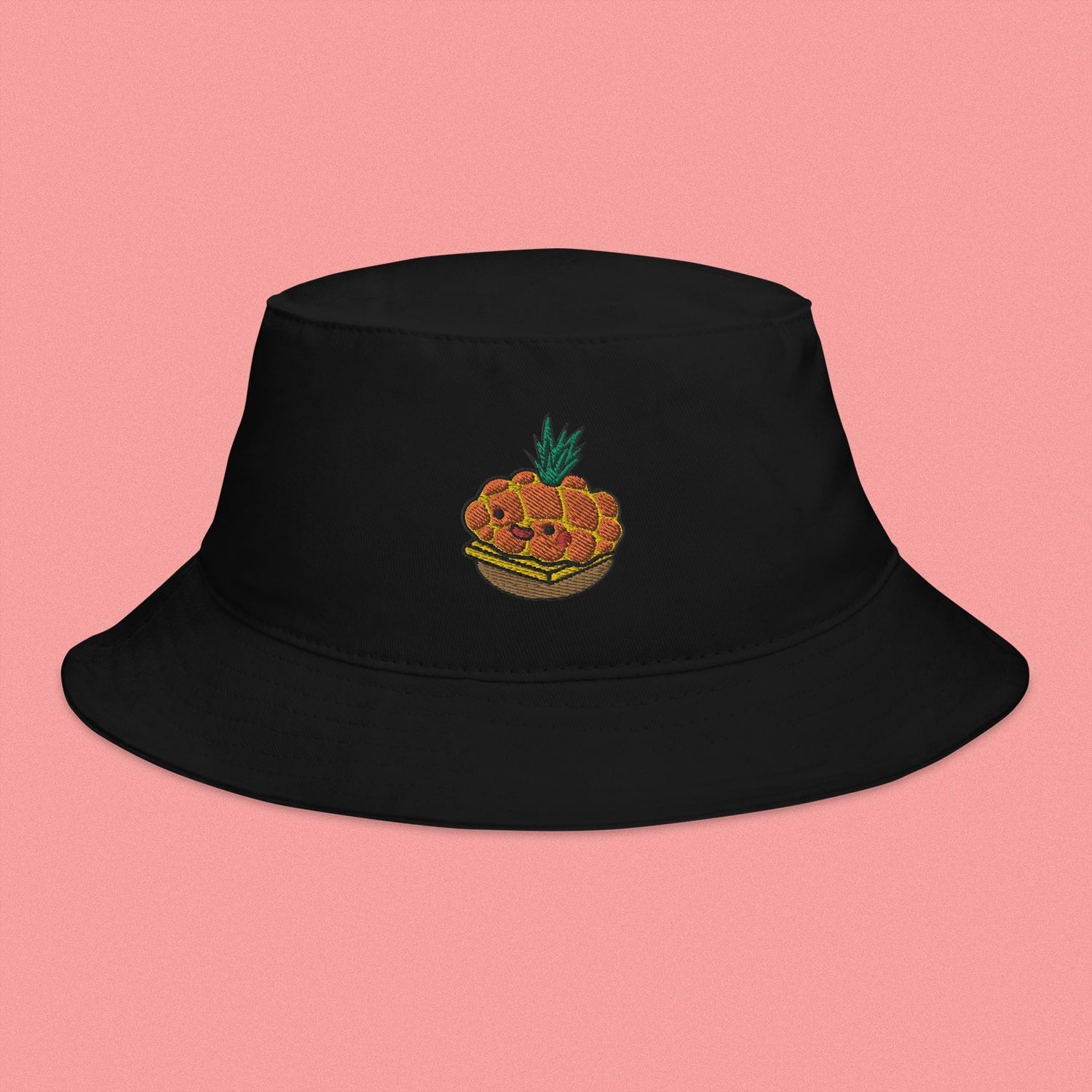 Tropical Pineapple Bun Embroidered Bucket Hat - Ni De Mama Chinese - Inspired Clothing | Black ,