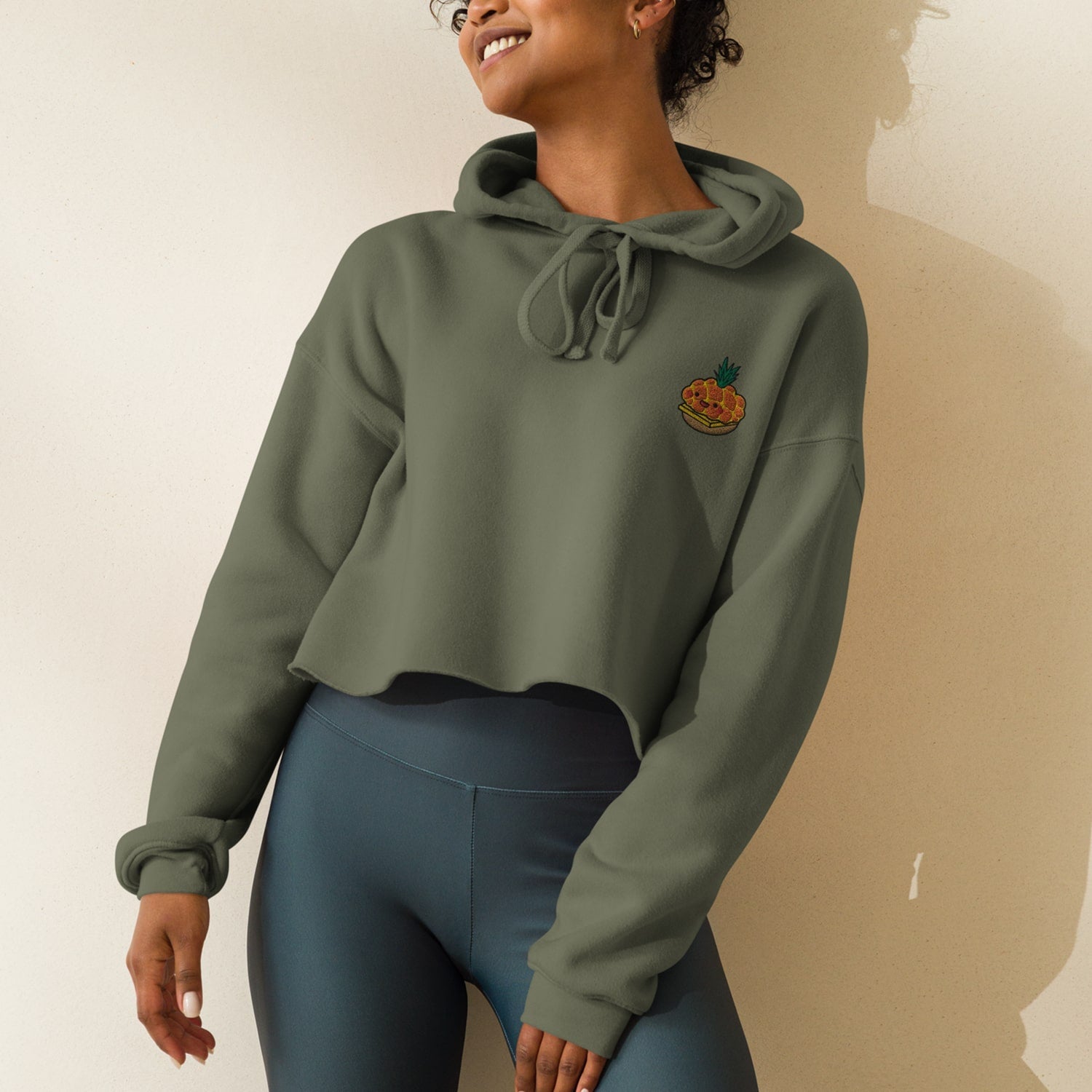 Tropical Pineapple Bun Embroidered Crop Hoodie - Ni De Mama Chinese - Inspired Clothing | Soft Peach , S