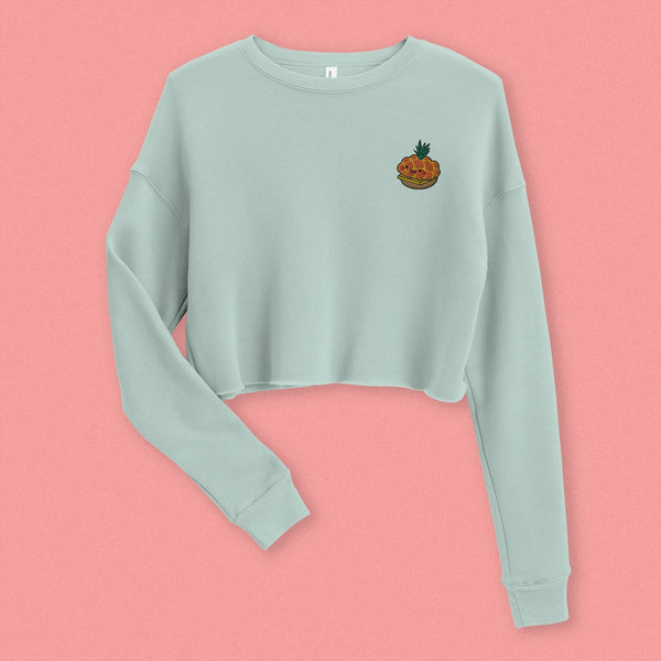 Tropical Pineapple Bun Embroidered Crop Sweatshirt - Ni De Mama Chinese - Inspired Clothing | Soft Teal , S