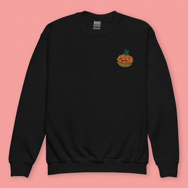 Tropical Pineapple Bun Embroidered Kids Sweatshirt - Ni De Mama Chinese - Inspired Clothing | Black , XS