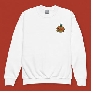 Tropical Pineapple Bun Embroidered Kids Sweatshirt - Ni De Mama Chinese - Inspired Clothing | White , XS