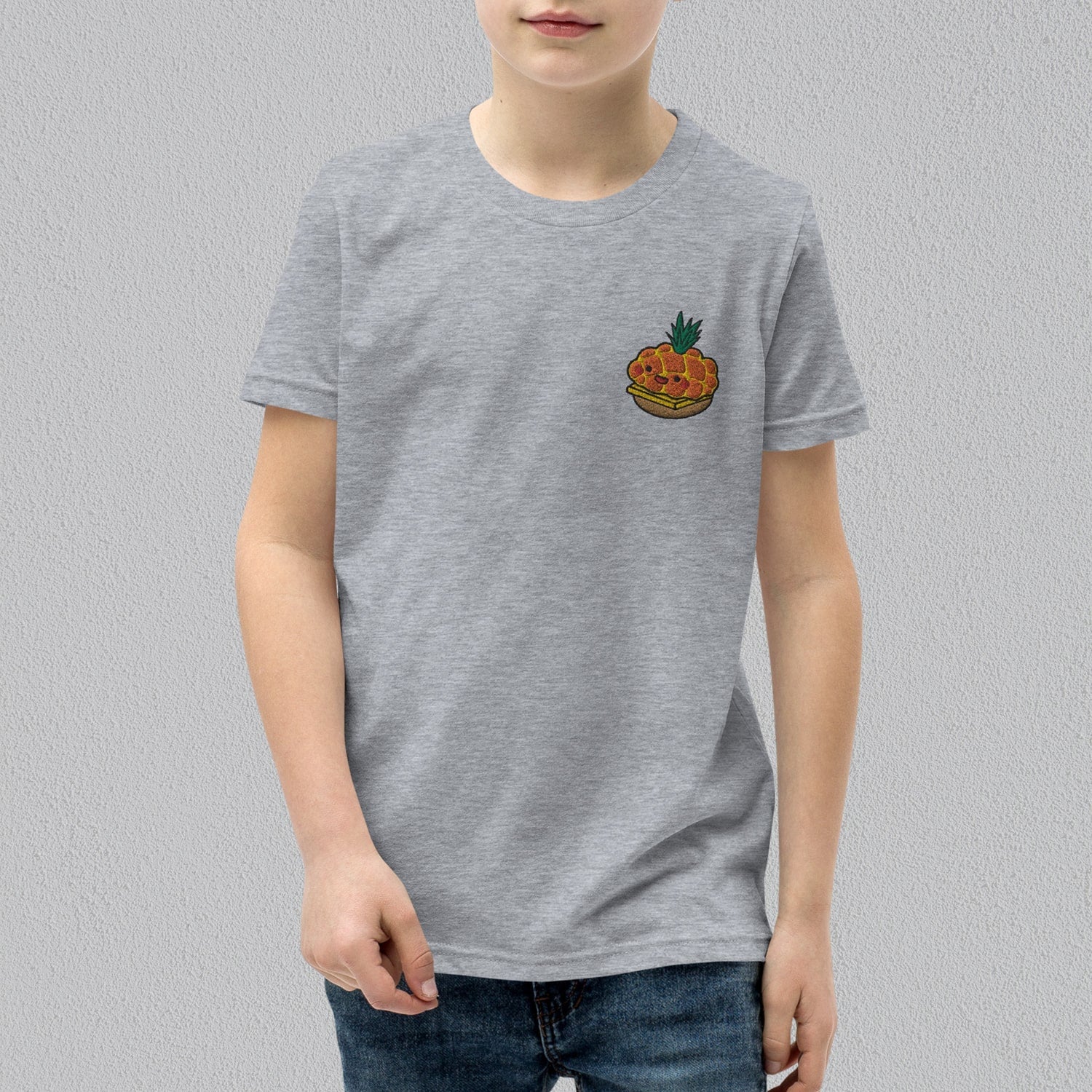 Tropical Pineapple Bun Embroidered Kids T-Shirt - Ni De Mama Chinese - Inspired Clothing | Heather Charcoal , S