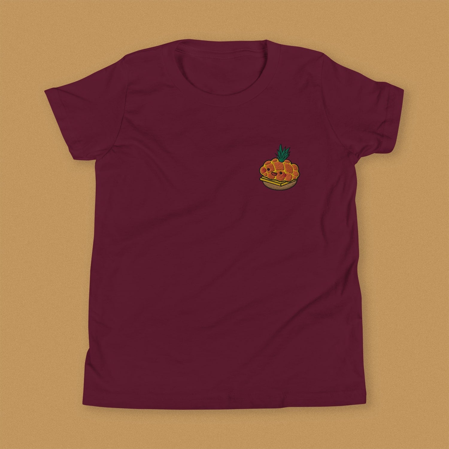 Tropical Pineapple Bun Embroidered Kids T-Shirt - Ni De Mama Chinese - Inspired Clothing | Maroon , S